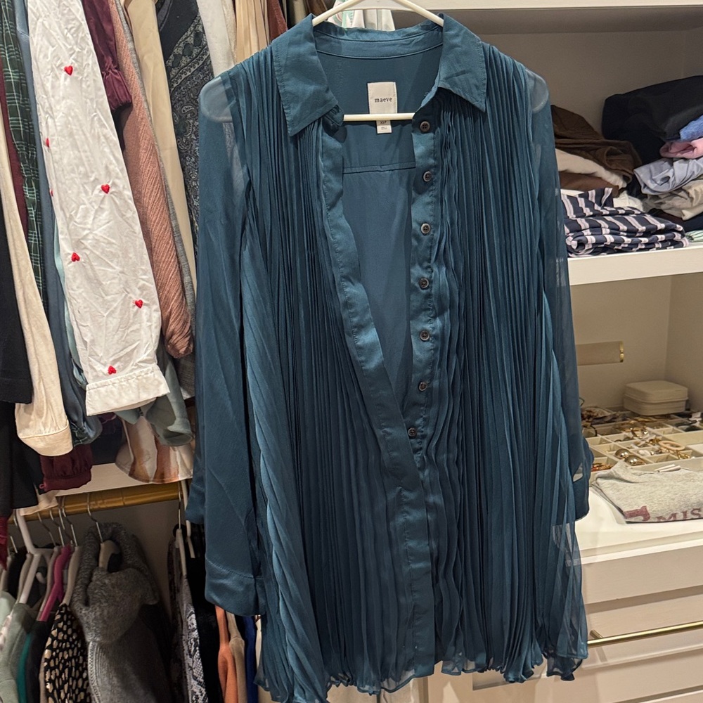 Anthropologie Pleated Sheer Button-Front Blouse — Teal
